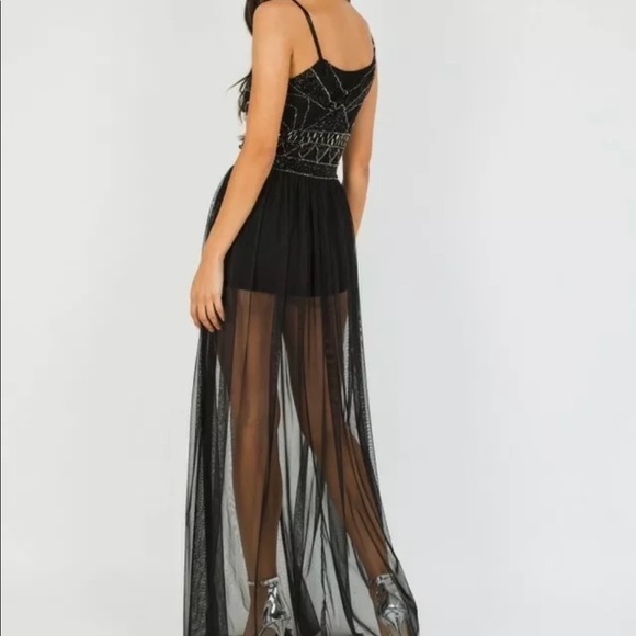 NEW Lace & Beads Black Prom Dress Mini Cocktail Dress Maxi Over Skirt Size XS - Picture 3 of 11